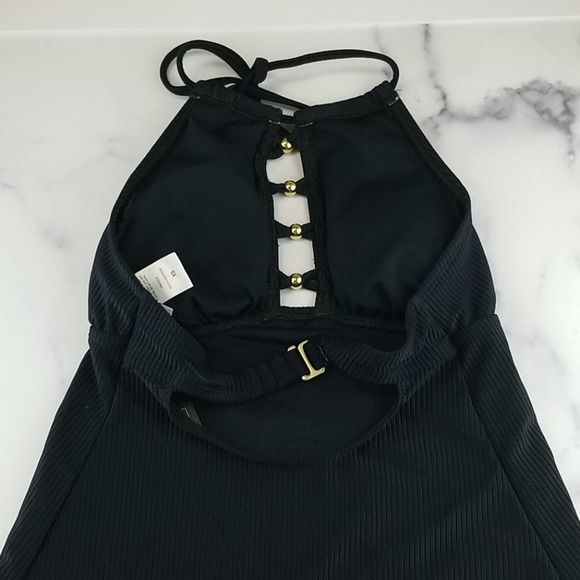 50%OFF Salt & Cove Junior's Black Cutout Halter Ribbed Tankini Swim Top XS - Picture 4 of 8